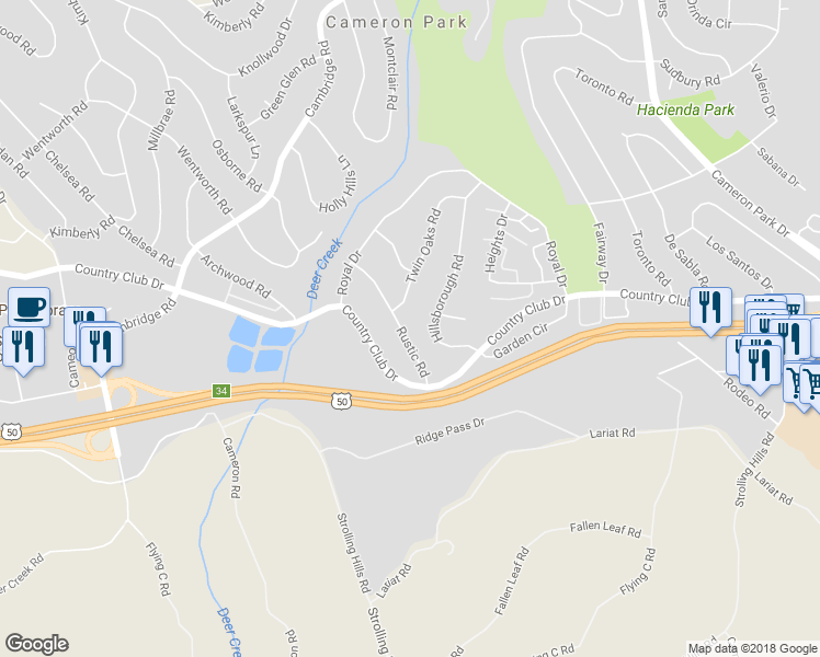 map of restaurants, bars, coffee shops, grocery stores, and more near 3937 Rustic Road in Cameron Park