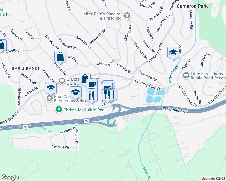 map of restaurants, bars, coffee shops, grocery stores, and more near 2752 Knollwood Court in Cameron Park