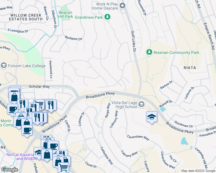 map of restaurants, bars, coffee shops, grocery stores, and more near 910 Woodglen Drive in Folsom