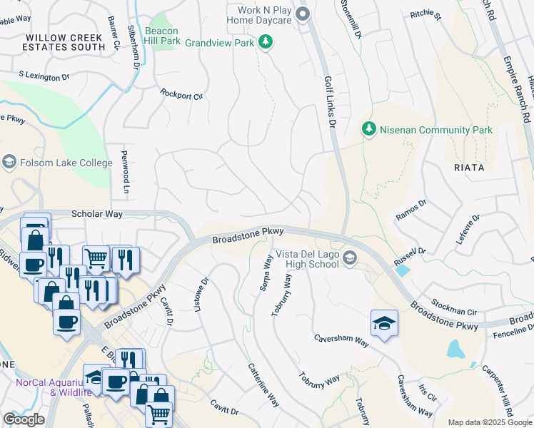 map of restaurants, bars, coffee shops, grocery stores, and more near 910 Woodglen Drive in Folsom