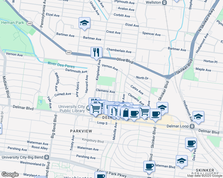 map of restaurants, bars, coffee shops, grocery stores, and more near 6609 Clemens Avenue in University City