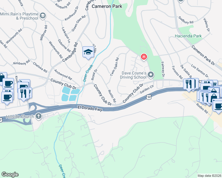 map of restaurants, bars, coffee shops, grocery stores, and more near 3937 Rustic Road in Cameron Park