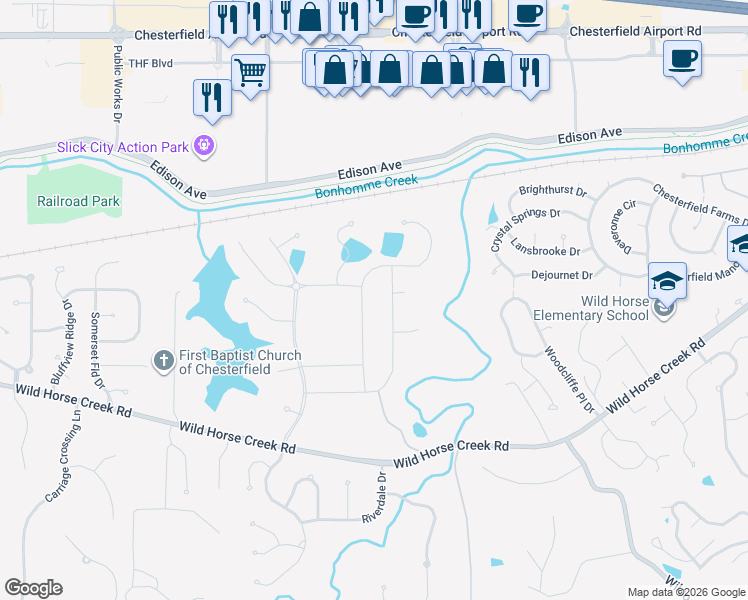map of restaurants, bars, coffee shops, grocery stores, and more near 1217 Fienup Lake Drive in Chesterfield