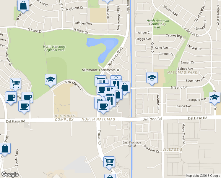 map of restaurants, bars, coffee shops, grocery stores, and more near 2240 North Bend Drive in Sacramento