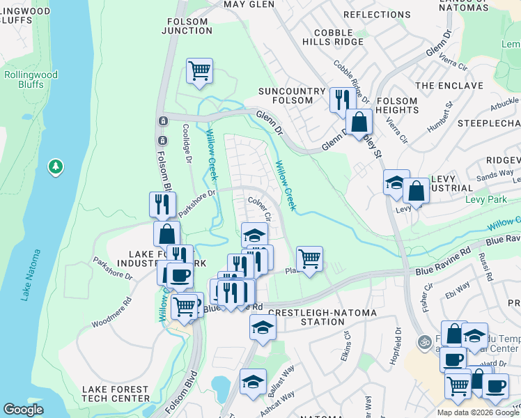 map of restaurants, bars, coffee shops, grocery stores, and more near 341 Colner Circle in Folsom