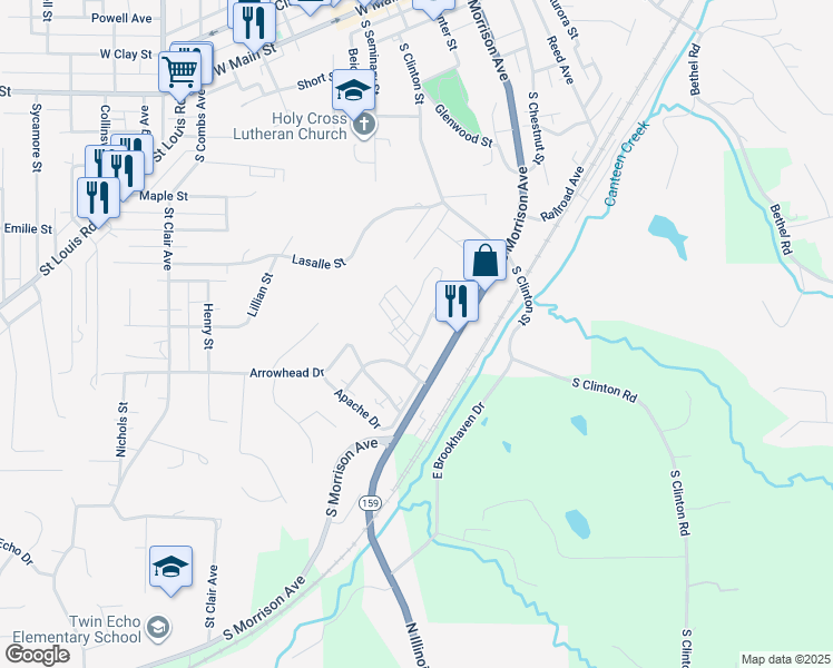 map of restaurants, bars, coffee shops, grocery stores, and more near 111 Idlerun Dr in Collinsville