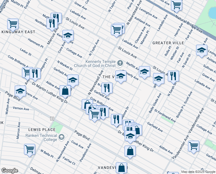 map of restaurants, bars, coffee shops, grocery stores, and more near 4317 North Market Street in St. Louis