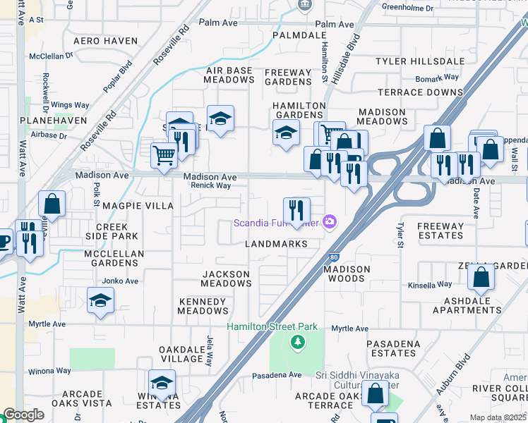map of restaurants, bars, coffee shops, grocery stores, and more near 5103 Hoover Street in North Highlands
