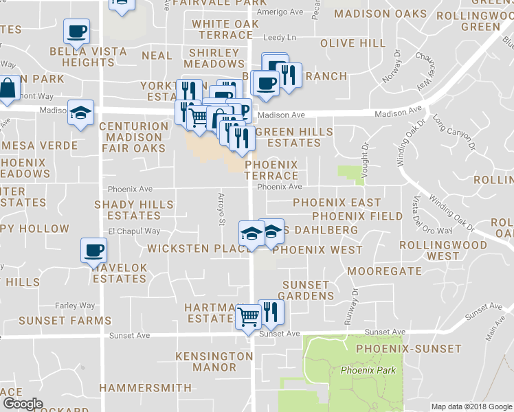 map of restaurants, bars, coffee shops, grocery stores, and more near 5130 Hazel Avenue in Fair Oaks