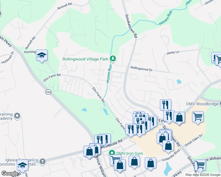 map of restaurants, bars, coffee shops, grocery stores, and more near 3436 Ascot Court in Woodbridge