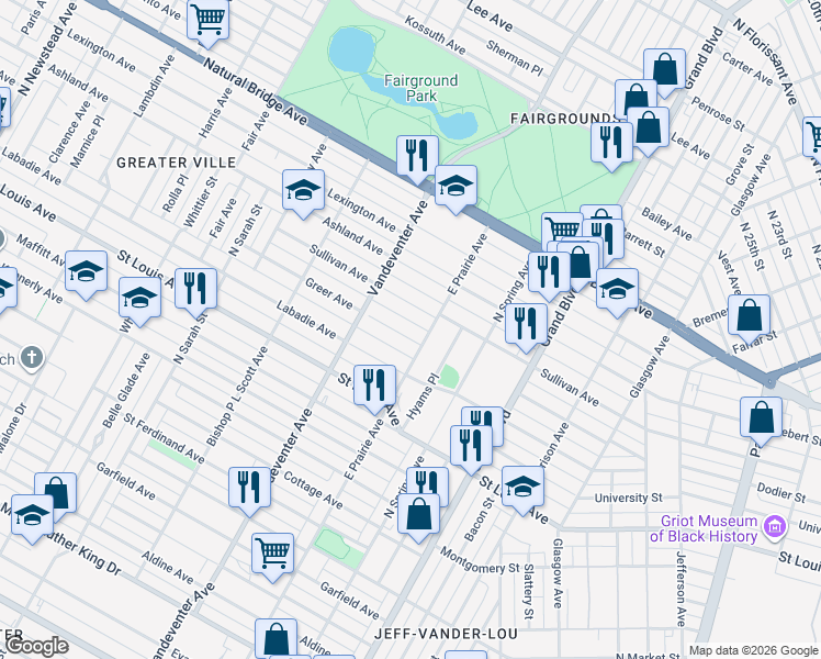 map of restaurants, bars, coffee shops, grocery stores, and more near 3815 Greer Avenue in St. Louis
