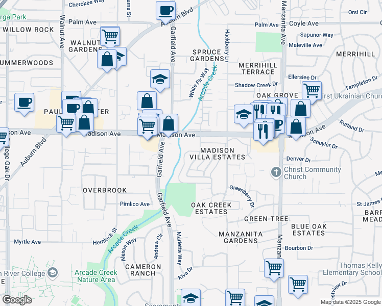 map of restaurants, bars, coffee shops, grocery stores, and more near 5173 Connecticut Drive in Sacramento