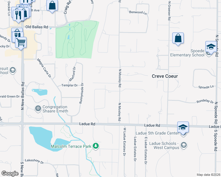map of restaurants, bars, coffee shops, grocery stores, and more near 9 Ladue Meadows in Creve Coeur