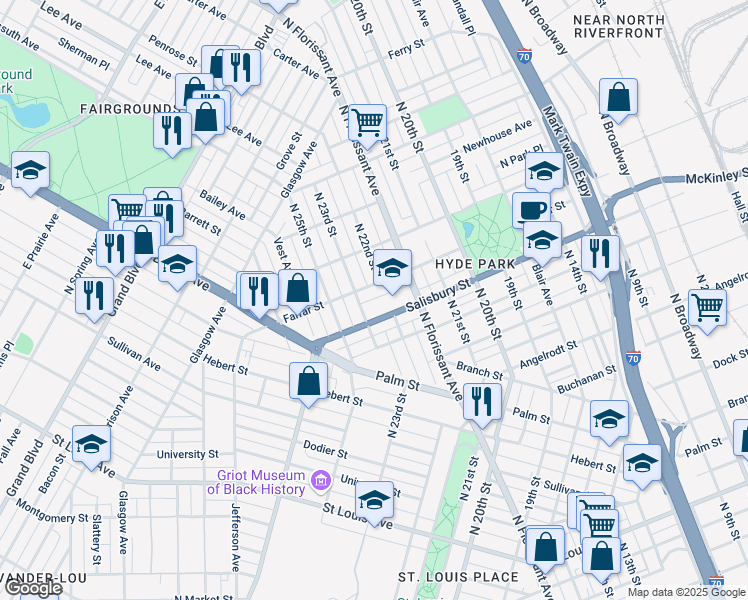 map of restaurants, bars, coffee shops, grocery stores, and more near 2213 Benjamin Street in St. Louis