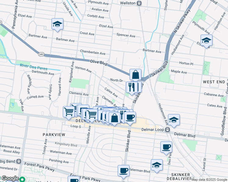 map of restaurants, bars, coffee shops, grocery stores, and more near 6309 Cates Avenue in St. Louis