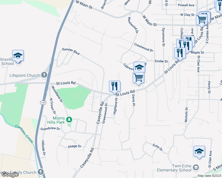 map of restaurants, bars, coffee shops, grocery stores, and more near 107 Kenwood Lane in Collinsville