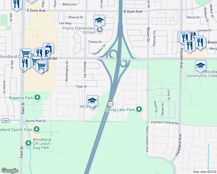 map of restaurants, bars, coffee shops, grocery stores, and more near 1468 Tyler Place in Woodland