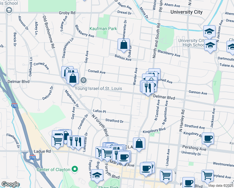 map of restaurants, bars, coffee shops, grocery stores, and more near 7908 Delmar Boulevard in University City