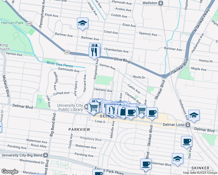 map of restaurants, bars, coffee shops, grocery stores, and more near 6609 Clemens Avenue in St. Louis