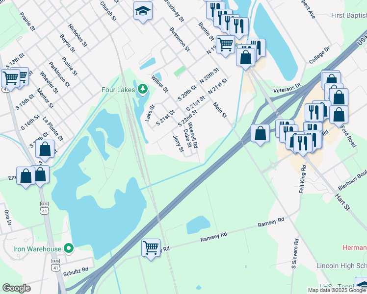 map of restaurants, bars, coffee shops, grocery stores, and more near 2310 Jerry Street in Vincennes