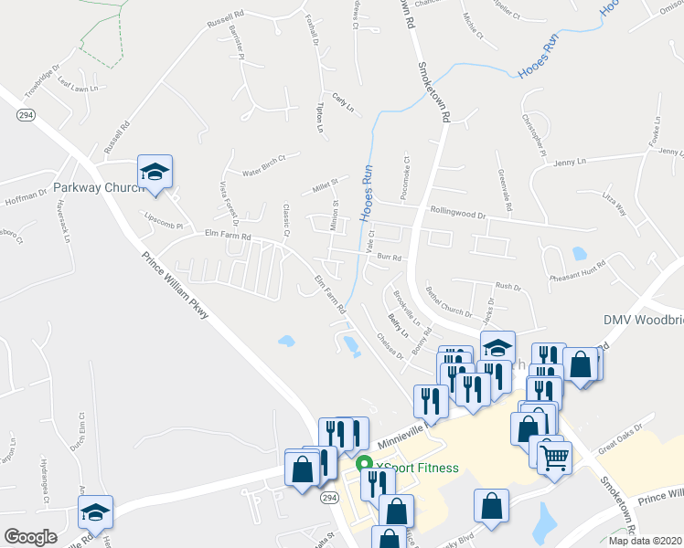 map of restaurants, bars, coffee shops, grocery stores, and more near 3519 Nexus Court in Woodbridge