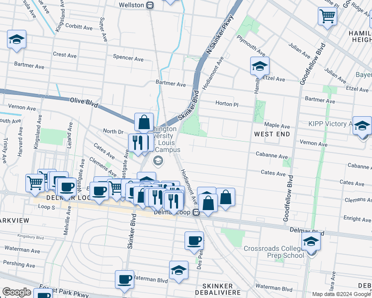 map of restaurants, bars, coffee shops, grocery stores, and more near 6084 West Cabanne Place in St. Louis