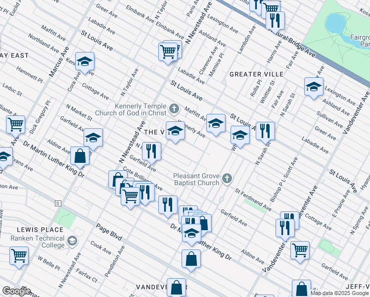 map of restaurants, bars, coffee shops, grocery stores, and more near 4247 Saint Ferdinand Avenue in St. Louis
