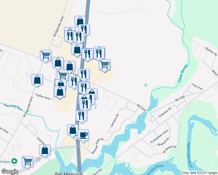 map of restaurants, bars, coffee shops, grocery stores, and more near 9327 Tharp Road in Seaford