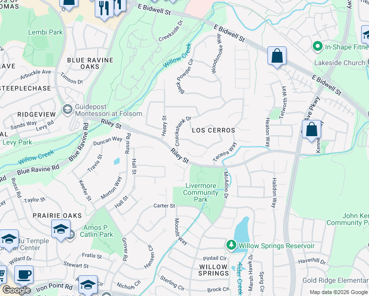 map of restaurants, bars, coffee shops, grocery stores, and more near 313 Euer Court in Folsom