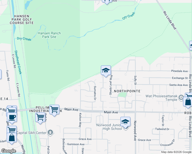 map of restaurants, bars, coffee shops, grocery stores, and more near 181 Pinedale Avenue in Sacramento