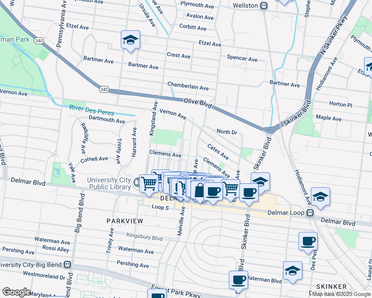 map of restaurants, bars, coffee shops, grocery stores, and more near 817 Westgate Avenue in University City