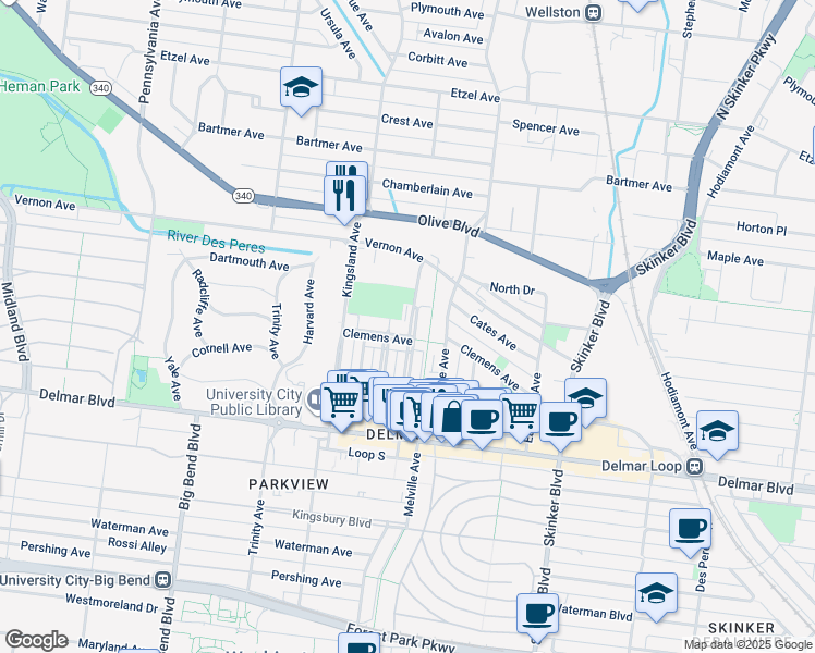 map of restaurants, bars, coffee shops, grocery stores, and more near 6609 Clemens Avenue in University City