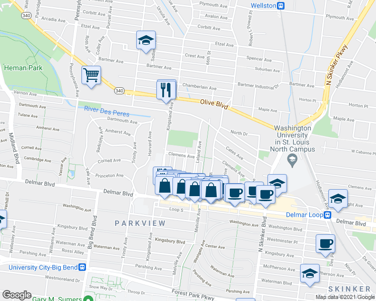 map of restaurants, bars, coffee shops, grocery stores, and more near 6609 Clemens Avenue in University City
