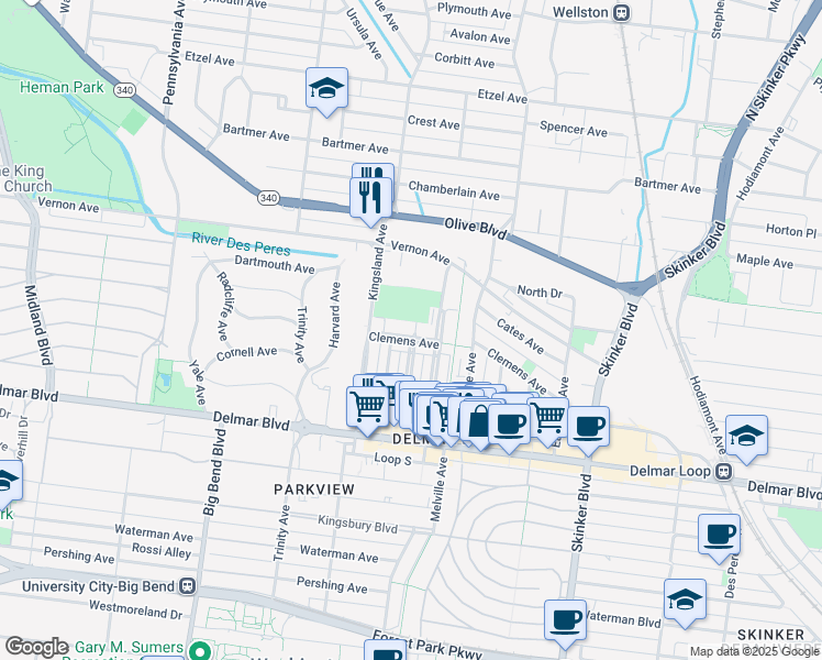 map of restaurants, bars, coffee shops, grocery stores, and more near 6609 Clemens Avenue in University City