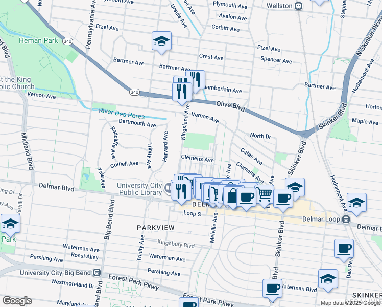 map of restaurants, bars, coffee shops, grocery stores, and more near 6645 Clemens Avenue in University City