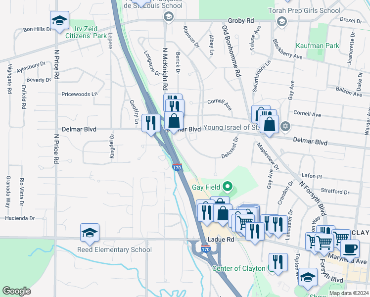 map of restaurants, bars, coffee shops, grocery stores, and more near 8350 Delcrest Drive in St. Louis