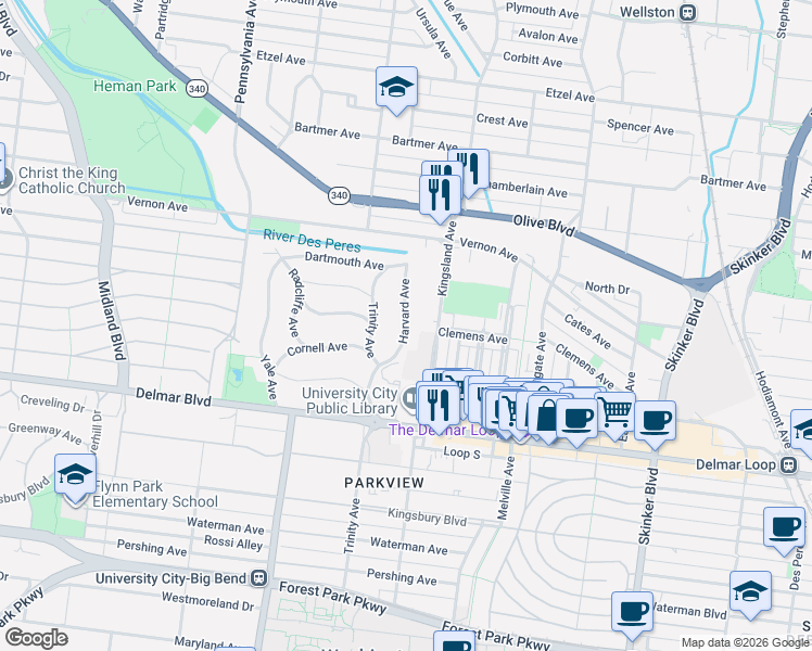 map of restaurants, bars, coffee shops, grocery stores, and more near 6631 Clemens Ave in St Louis