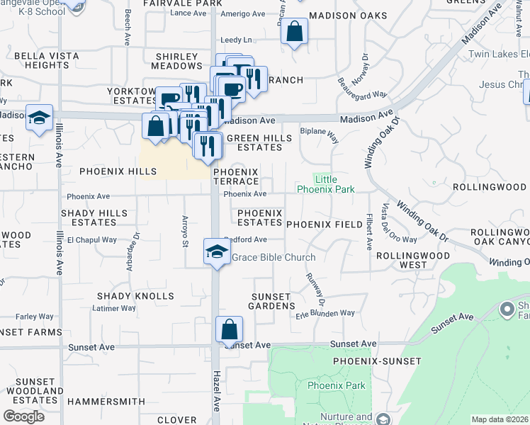 map of restaurants, bars, coffee shops, grocery stores, and more near 8932 Ramstad Avenue in Fair Oaks
