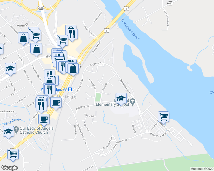 map of restaurants, bars, coffee shops, grocery stores, and more near 13513 Wood Street in Woodbridge
