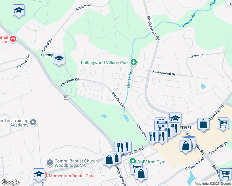 map of restaurants, bars, coffee shops, grocery stores, and more near 3547 Nexus Court in Woodbridge
