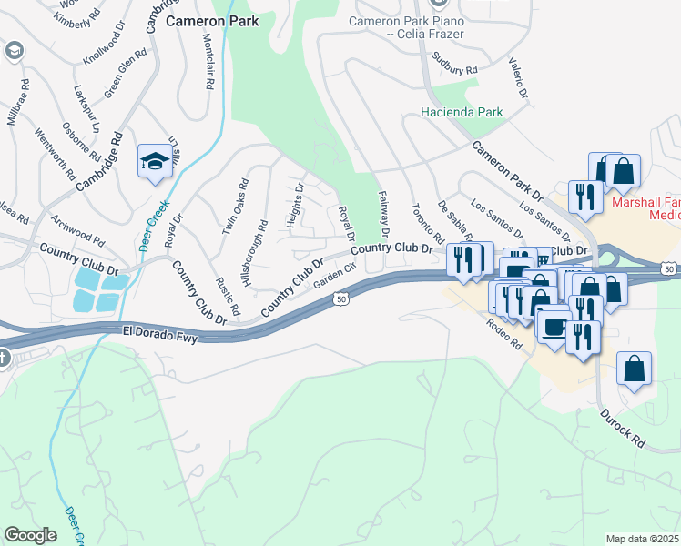 map of restaurants, bars, coffee shops, grocery stores, and more near 3114 Garden Circle in Cameron Park