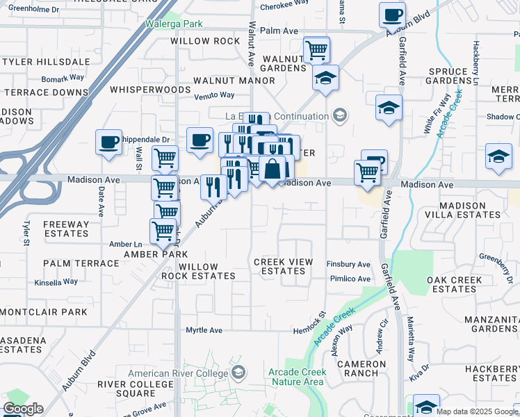 map of restaurants, bars, coffee shops, grocery stores, and more near 5110 Walnut Avenue in Sacramento