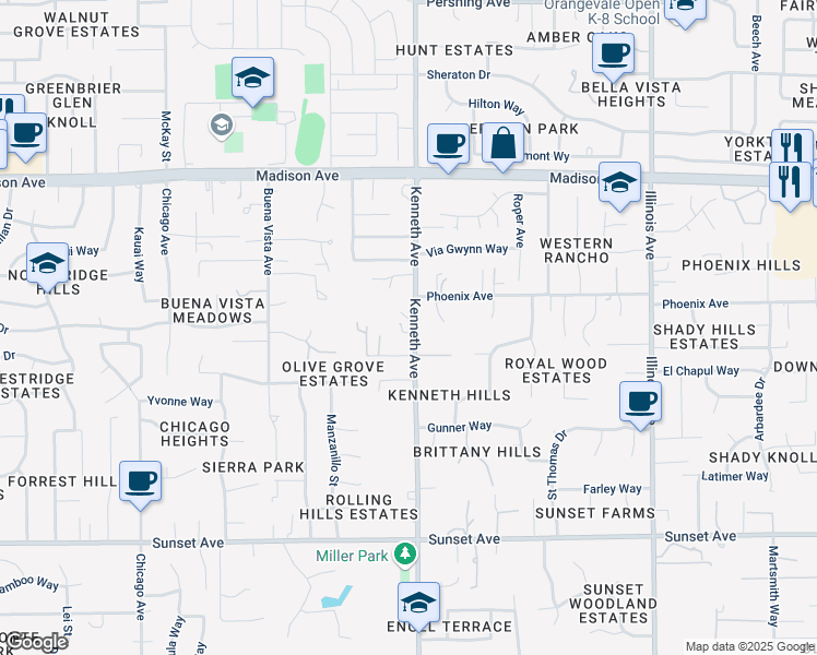 map of restaurants, bars, coffee shops, grocery stores, and more near 5129 Kenneth Avenue in Fair Oaks