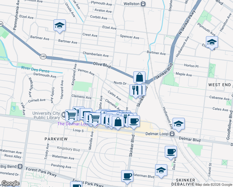 map of restaurants, bars, coffee shops, grocery stores, and more near 6311 Cates Avenue in St. Louis
