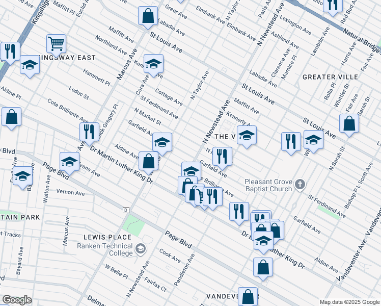 map of restaurants, bars, coffee shops, grocery stores, and more near 4413 Garfield Avenue in St. Louis