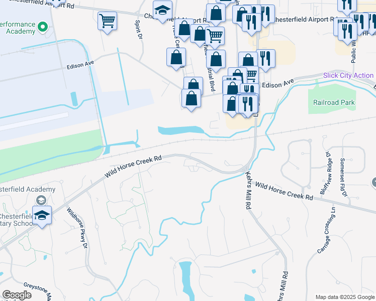 map of restaurants, bars, coffee shops, grocery stores, and more near 17411 Wild Horse Creek Road in Chesterfield