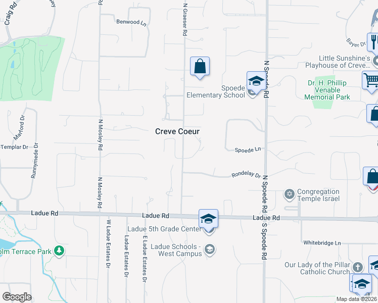 map of restaurants, bars, coffee shops, grocery stores, and more near 1 West Windrush Creek Road in Creve Coeur