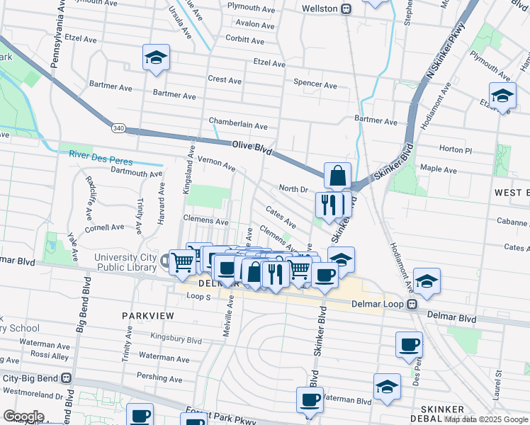 map of restaurants, bars, coffee shops, grocery stores, and more near 6408 Cates Avenue in University City