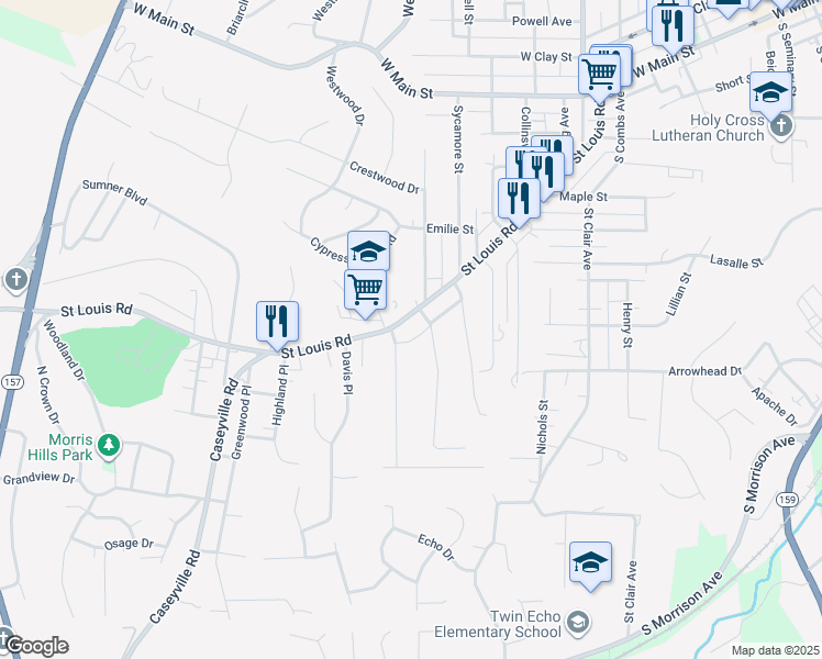 map of restaurants, bars, coffee shops, grocery stores, and more near 718 Saint Louis Road in Collinsville