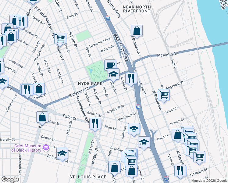 map of restaurants, bars, coffee shops, grocery stores, and more near 3511 Blair Avenue in St. Louis
